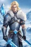 Placeholder: 1 anime man. warrior, with blue eyes and blonde hair man in silver Viking armor with fur around the neck with blue crystal on his chest, standing in water in the artic, holding a ice axe, warrior in, anime style