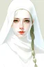 Placeholder: فتاه جميلة جدا انفها صغير بشرتها بيضاء محجبة ملابسها بيضاء مع روب طبي ابيض طبيبه تلقّي محاضرة علي مجموعة من الناس