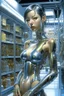 Placeholder: A digital photography portrait, by Hajime Sorayama, of a beautiful cyborg girl standing in a cyberpunk shopping.