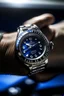Placeholder: Produce an image of a Cartier Diver watch stationed at mid-journey, capturing the essence of adventure with a balance of sharp focus on the watch face and a slightly blurred background suggesting movement. "wearing a person in his hand
