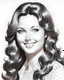 Placeholder: Beautiful black and white pencil drawing of actress, Lynda Carter at the age of 25. She has long dark hair, She is smiling at the viewer.