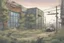 Placeholder: police station, overgrown, post-apocalyptic, comic book, city background