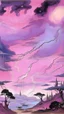 Placeholder: A pinkish light purple outer space with nebulous lightning designed in Javanese shadow puppets painted by Tom Thomson