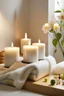 Placeholder: Bathtub spa, candles, white towel rolls, white flowers and bamboo