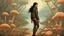 Placeholder: woman with black hair in a ponytail, in light brown leather trousers and jacket, walking through a forest of floating alien mushrooms with jellyfish tentacles, rampant foliage, and vines, next to a lake, photorealistic, Deep Colour, Intricate Detail