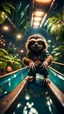 Placeholder: fish-eye photo of furry hairy pimp rocker alien gremlin sloth dwarf on bridge over water slide magically levitating in dark lit reflective wet jungle hall hotel tunnel, in the style of fallout 4 game,bokeh like f/0.8, tilt-shift lens 8k, high detail, smooth render, down-light, unreal engine, prize winning