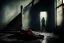 Placeholder: a broken, bloody, torn, beaten woman lies at the bottom of a dirty staircase. At the top of the stairs stands the silhouette of a massive man, behind him a small light leaks through an open door, dramatic, gloomy atmosphere, sad, weird, dark colors, cinematic, realistic picture