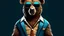 Placeholder: Cool looking bear wearing funky fashion dress - jacket, shirt, tie, dark shades sunglasses. Wide banner with copy space side. Stylish animal posing. Generative AI