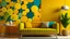 Placeholder: Yellow loveseat sofa and side tables against of colorful circle patterned wall. Mid century interior design of modern living room. Created with generative AI
