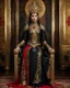 Placeholder: A length image of photography full body photo of a beautiful-faced Persian islamic hijab Queen sitting on a luxurious chair in a palace, wearing luxurious battle armor with a design of gold and black metal plate and metal crafts with radiant diamond luster, decorated with flower-shaped red diamond stone, black leaf decorations,and small dragon decorations, against a gold background, holding a gold carved sword, accompanied by two white tigers angry face sitting beside him, with added details.