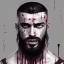 Placeholder: painted portrait of rugged man, blood stained, dark long hair, shaved sides, masculine, mid 30s, handsome, upper body, shaved, grey and silver, muscular, hairy torso, fantasy, intricate, muscular, elegant, highly detailed, digital painting, artstation, concept art, smooth, sharp focus, illustration, art by gaston bussiere and alphonse mucha