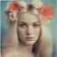 Placeholder: 1970s Polaroid head shot of a stunning young platinum straight haired woman,with freckles on her face, hair adorned with big flowers, red cheeks