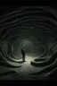 Placeholder: A surreal scene a tunnel-like structure filled with intertwined gray snakes heads , The tunnel is lined with countless writhing aliens bodies, creating a chaotic and nightmarish atmosphere. At the end of the tunnel, a solitary figure walks towards a distant light source, casting a glow that illuminates the scene. The overall color palette is muted with shades enhancing the ominous and unsettling mood an astronaut hovering in the middle of the tunnel