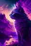 Placeholder: majestic cat, psychedelic, violet tones, fantasy landscape