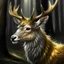 Placeholder: a deer looking creature with shiny silver hair in a forest with golden fluff on its body. its head it not too big not too small in the shape of a horses head, with big golden eyes on the side of its head and a black nose not too big