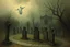 Placeholder: vintage style painting of an old grave yard with ghost hovers no above the graves with foggy an aerial view