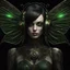 Placeholder: Full body, gothic woman with a bob with a fringe hairstyle, steampunk metal moth wings, green markings, black background