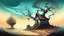 Placeholder: A digital illustration in a surrealistic style, showcasing a mystical landscape with a house, a well, and a dry tree. The distorted perspective and dream-like atmosphere create a sense of mystery and intrigue