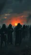 Placeholder: Bosch painting style nightmare , 3D ,a group of prisoners slave in black tied together in line in a dramatic misty scene of the sunset time in a stormy weather in the desert background, high Quality picture , 8k