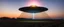 Placeholder: flying saucer ufo in autumn evening field shooting a cone of light upwards to the sky down to another saucer standing in the field