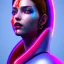 Placeholder: Spanish woman, painted face, rounded face, glow made up, trap style, red, blue, pink, cold, latex coat, leather, nose piercing, soft color, highly detailed, art stations, concept art, smooth, unreal engine 5, god rays, ray tracing, RTX, lumen lighting, ultra detail, volumetric lighting, 3d, finely drawn, high definition, high resolution, neon background.