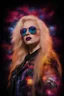 Placeholder: head and shoulders image, Hedwig and the angry inch - Kiss Me Deadly - painting with dots - Ray-Ban sunglasses - Motley Crue - gothic pale-skinned vampire, fire and multicolored electrified cosmic clouds, Professional quality Photograph by Hoy Tung lu- Multicolored lightning -a smiling, long, blonde hair, blue eyes, goth makeup, black leather biker's jacket, black leather pants, combat boots, black fingerless gloves, sitting on in the forest next to a fire,