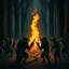 Placeholder: cloe one large bonfire with its flames rising high in a clearing, around the bonfire many anthropomorphic wolf humanoids crying, dancing, singing or just watching the flames. around them in the background dark trees with huge trunks, rainy day, high contrast, high detail, atmospheric, dark fantasy, sci-fi atmosphere, cinematic