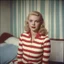 Placeholder: Young jayne mansfield with freckles and red cheeks, in a bedroom, autochrome, background with red and white stripes