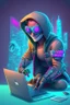 Placeholder: An 3d illustration of a person working in front of a laptop with a happy face and having a good time a man, cartoon style A cyberpunk as a superhero, full body of a superhero, cyberpunk city, masked eyes, cyberpunk eyes