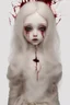 Placeholder: A hauntingly beautiful porcelain doll with small storms for eyes. Her skin is pale and cracked like porcelain. Her hair is red like wine with fire coming out. Her lips are sewn together except for one corner that is ripped and bleeding.