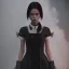 Placeholder: Female Jenna ortega black dress,soft goth libstick, wednesday addams family make up, brad double wig, dramatic lighting, highly detailed, volumetric lighting, unreal engine, 8k