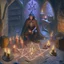 Placeholder: A warlock in his vaulted dungeon, a Pentagram and candles on the floor