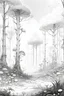 Placeholder: Drawn without colours, the forest is magical, bright, full of giant trees, enchanting flowers and fairies, it must be a white background.