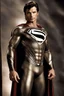 Placeholder: tom welling in a superman suit which is metallic and futuristic from the movie man of steel