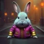 Placeholder: pixar style anamorphic cute rabbit baby, smiling, cyberpunk headphone, sunglass, gangsta gold neckless, full body, magenta puffer jacket, manila city backdrop, dramatic lighting, hyper realistic, unreal engine 5, 16k