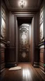 Placeholder: In this artistic composition, the door stands out as a significant element in a scene rich with details. The walls, stretching on either side of the door, are coated in a soft white paint that reflects the light from the window on the right, creating a delightful color contrast. The door appears in a dark brown color, with intricate carved details that add an artistic touch. In the center of the door is a silver handle that reflects light, drawing attention to it and enhancing the three-dimensi