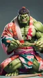 Placeholder: a hulk eating sushi with chopsticks, wearing a colorful kimono, 8k