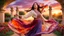 Placeholder: Hyper Realistic Photographic Close View Of A Beautiful Pashto Woman (With Beautiful Eyes Lips & Nose, & Long Black braid Hairstyle Whirling; Wearing Beige & Orange Gradient Frock With Maroon & Purple Stripes & white embroidery) Happily Whirling & Dancing In A Beautiful Colorful Flower Garden With Fancy Stone Arches & Rose Petals Whirling At Beautiful Cloudy Sunset Showing Dramatic & Cinematic Ambiance.