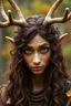Placeholder: A fantasy druid with antlers, olive toned skin, long brown curly hair, green eyes, Quirky face, Autumn Colors