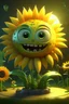Placeholder: A whimsical, Studio Ghibli-esque 3D illustration, rendered in a style blending 3D cartoon rendering with surrealist painting techniques, depicts/imagine A whimsical, Studio Ghibli-esque 3D illustration, rendered in a style blending 3D cartoon rendering with surrealist painting, depicts a bioluminescent sunflower-inspired creature with newly added chibi-style, realistic, wide-open laughing eyes and a mouth showcasing white, realistic teeth. The creature, possessing a symmetrical, radiant form, f