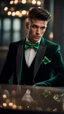 Placeholder: Handsome male model aged 20. undercut hair, wearing a black tuxedo with a green bow tie. Hyperrealistic 4k dark fantasy