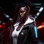 Placeholder: Mysterious Nigerian female cyberpunk spy, dark skin, white jacket, cyberpunk style, video game character, trending DeviantArt, trending ArtStation