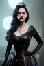 Placeholder: Kat Dennings as evil queen in black leather gown, cleavage, angry, stern look, unreal 5, octane render,cinema4d, dynamic lighting, dramatic lighting, 4k, redshift render, highly detailed, hyper realistic