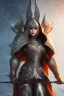 Placeholder: Beautiful medieval warrior girl, wearing futuristic armor, glowing orange lights armor, snow mountain background, snow, fur cloak