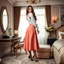 Placeholder: very beautiful sexy lady with beautful midi skirt and blouse standing in a luxury bedroom with high heels next to makeup desk looking to camera