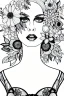 Placeholder: hyper detailed, black and white, thick line, coloring book illustration, lineart, stunningly beautiful woman in flowers