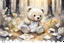 Placeholder: close-up of a cute chibi teddy bear packing piles of white clothes in the forest, laundry machine, grass and flowers next to him, melting watercolour and black ink outlines on wet paper, photorealistic, golden glitters S<AI in sunshine, ethereal, cinematic postprocessing