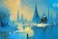 Placeholder: Science fiction city near frozen lake, claude monet impressionism painting