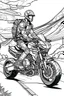 Placeholder: Outline art, no shading, machine bike full body on the road, cartoon style, black and white, low detail, --ar 9:11