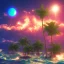 Placeholder: 1980's vaporwave aesthetic palm trees with lightning with solar eclipse in the ocean waves sunset